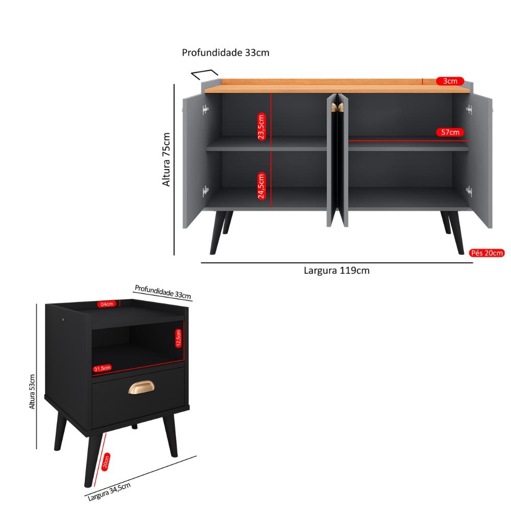 Kit 2 Mesinhas Cabeceira Estilo Retrô Preto 1 Gaveta Nicho Decorativo e Buffet Kiev Cantinho Café Cinza/Cinamomo - RPM Móveis