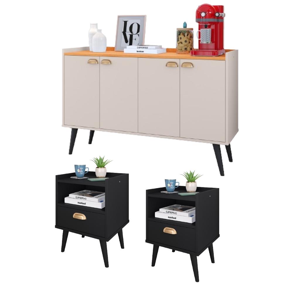 Kit 2 Mesinhas Cabeceira Estilo Retrô Preto 1 Gaveta Nicho Decorativo e Buffet Kiev Cantinho Café Off White/Cinamomo - RPM Móveis