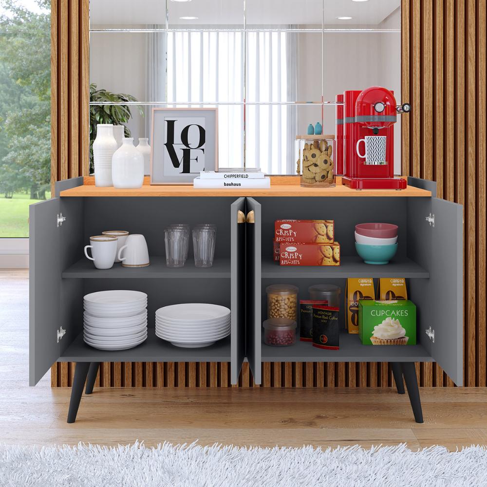 Kit 2 Mesinhas Cabeceira Estilo Retrô Preto/Freijó 1 Gaveta Nicho Decorativo e Buffet Kiev Cantinho Café Cinza/Cinamomo - RPM Móveis