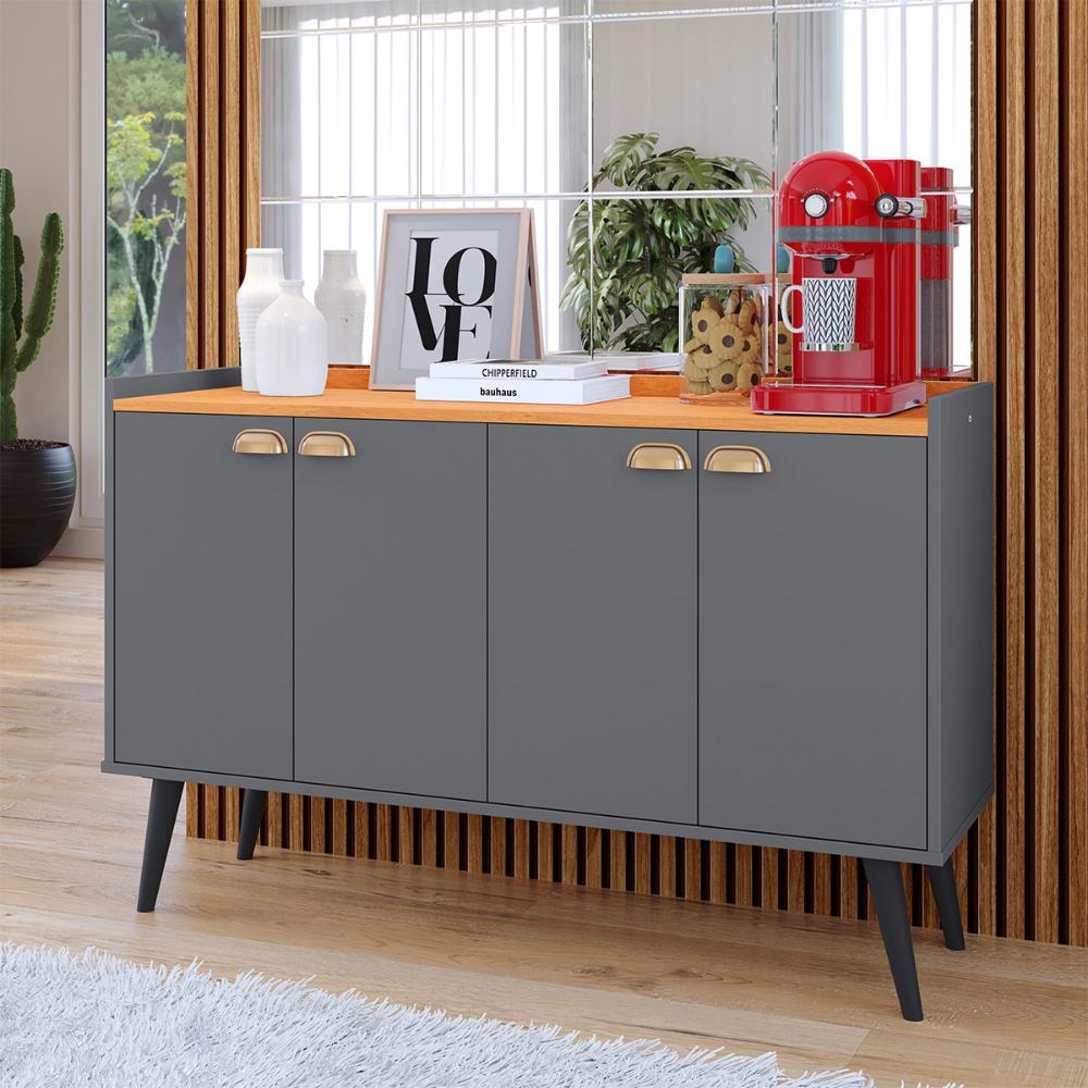 Kit 2 Mesinhas Cabeceira Estilo Retrô Preto/Freijó 1 Gaveta Nicho Decorativo e Buffet Kiev Cantinho Café Cinza/Cinamomo - RPM Móveis