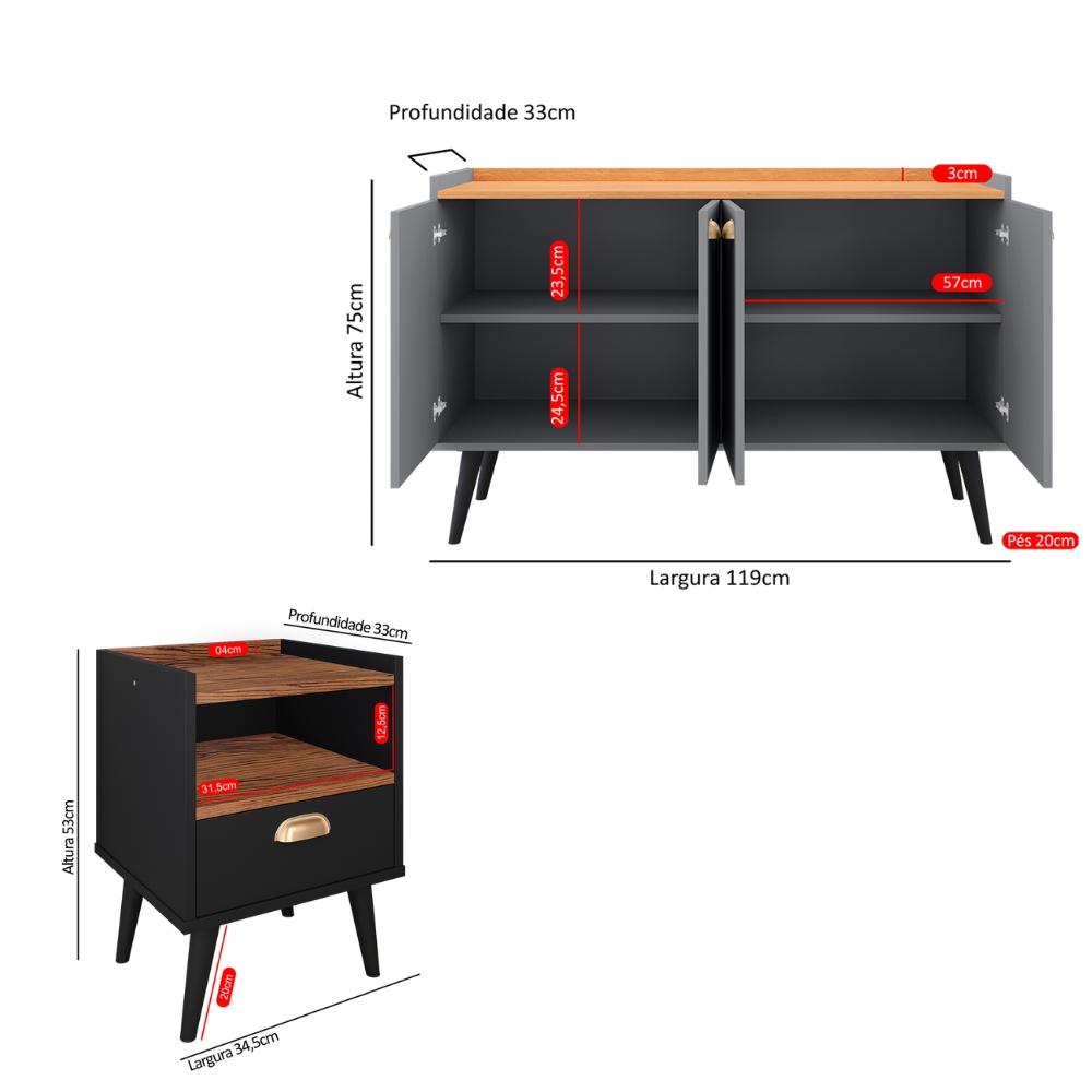 Kit 2 Mesinhas Cabeceira Estilo Retrô Preto/Freijó 1 Gaveta Nicho Decorativo e Buffet Kiev Cantinho Café Cinza/Cinamomo - RPM Móveis