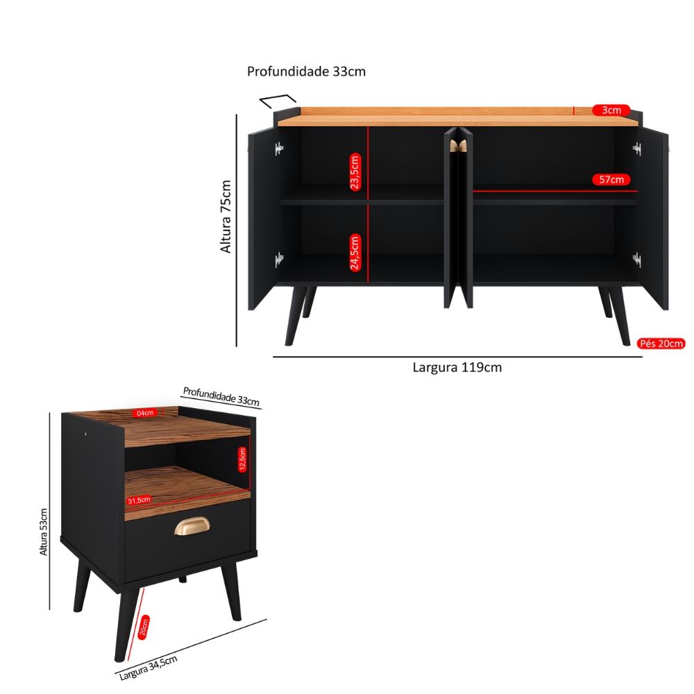 Kit 2 Mesinhas Cabeceira Estilo Retrô Preto/Freijó 1 Gaveta Nicho Decorativo e Buffet Kiev Cantinho Café Preto/Cinamomo - RPM Móveis