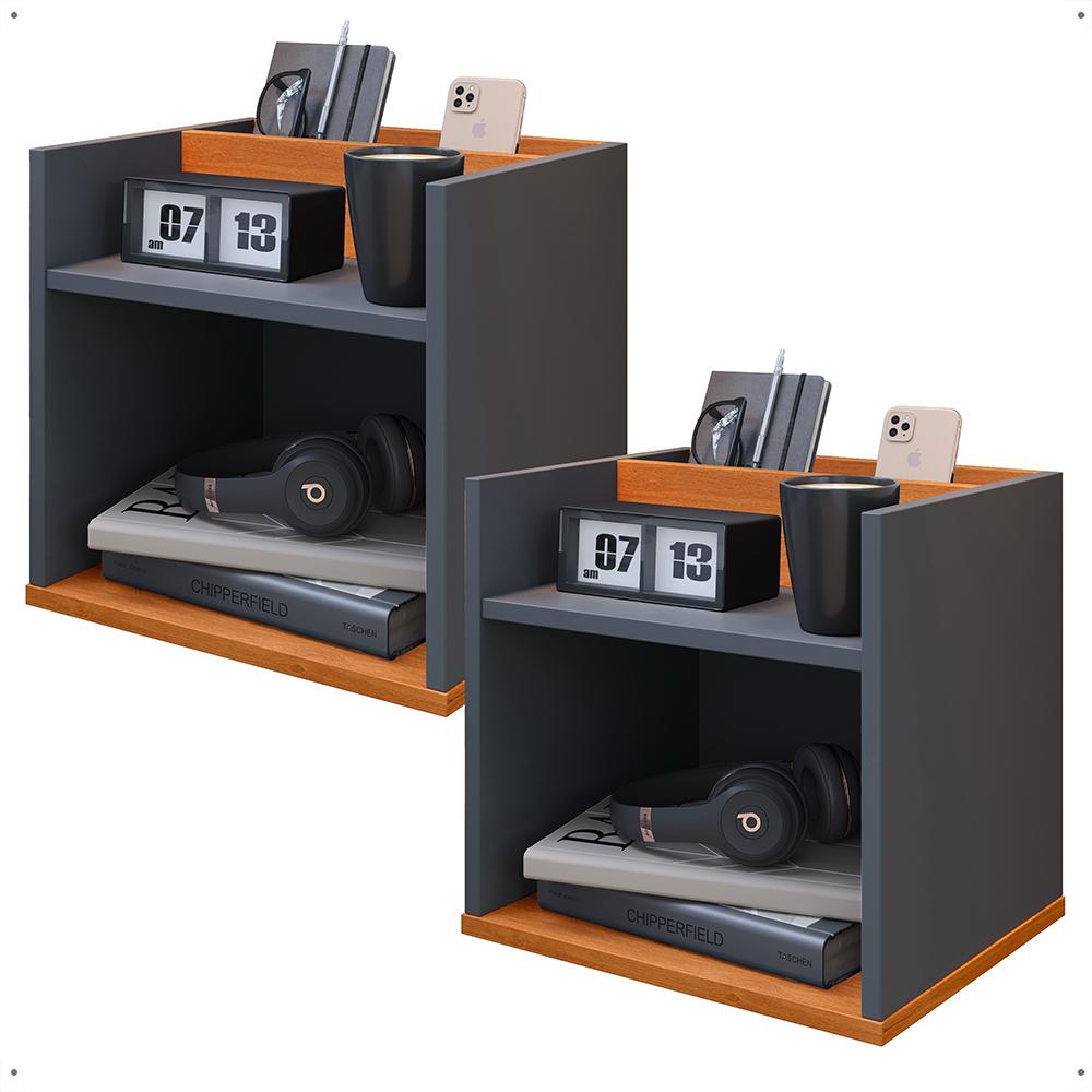 Kit 2 Mesinhas Decorativas Quarto Mesa de Cabeceira Madri Suspensa Divisória Organizadora Nicho - Cinza/Cinamomo - RPM Móveis