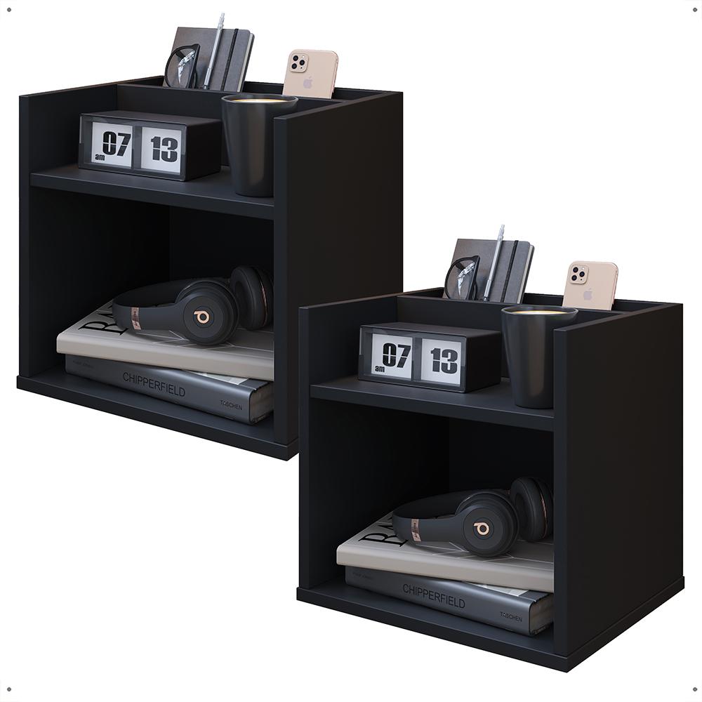 Kit 2 Mesinhas Decorativas Quarto Mesa de Cabeceira Madri Suspensa Divisória Organizadora Nicho - Preto - RPM Móveis