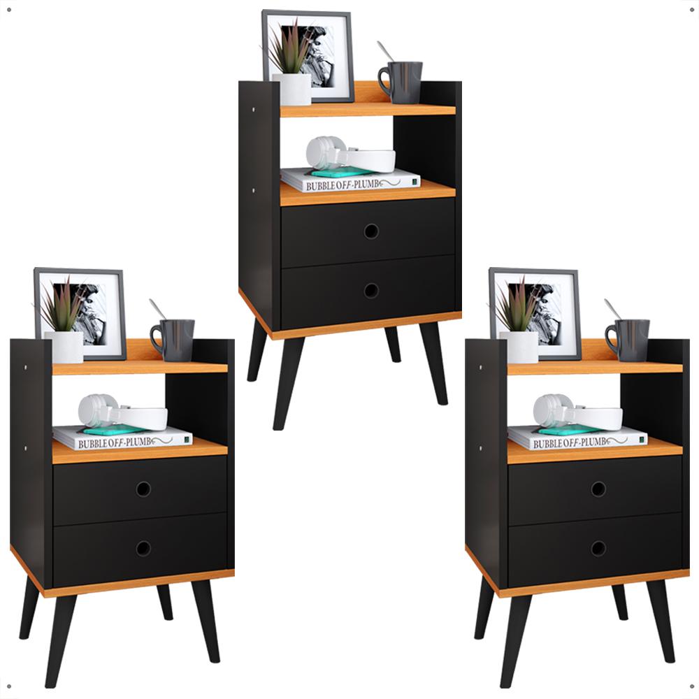 Kit 3 Mesas Cabeceira Dream Jogo Mesinha Decorativa Lateral Cama Decoração Quarto Casal Solteiro - Preto/Cinamomo - RPM Móveis