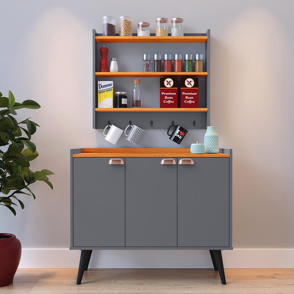 Kit Aparador Buffet Organizador Prateleira Interna Truzzi Armário Parede Porta Condimentos Cozinha Amélia - Cinza/Cinamomo - RPM Móveis