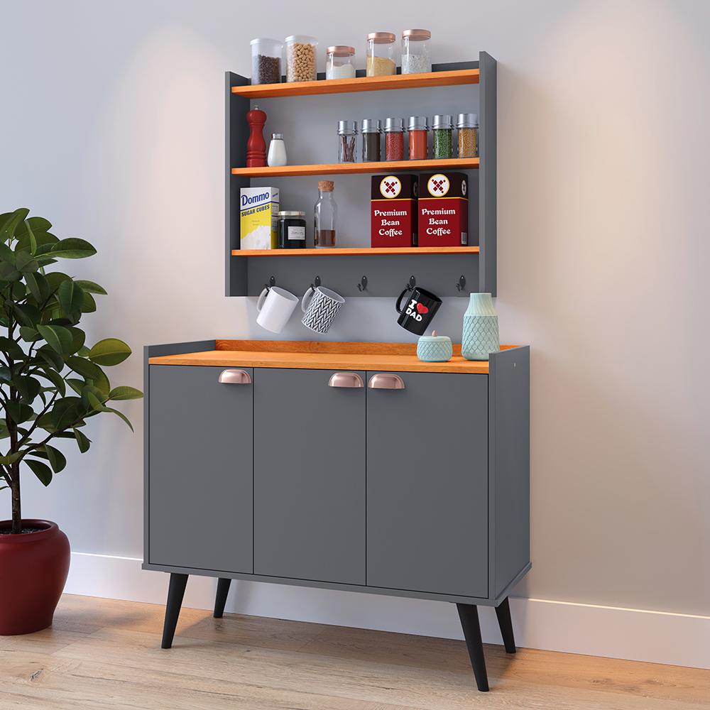 Kit Aparador Buffet Organizador Prateleira Interna Truzzi Armário Parede Porta Condimentos Cozinha Amélia - Cinza/Cinamomo - RPM Móveis