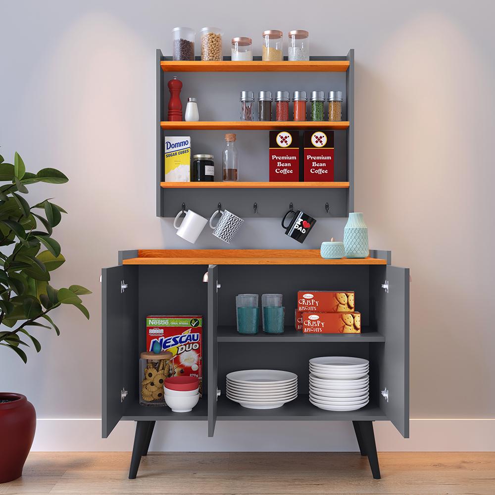 Kit Aparador Buffet Organizador Prateleira Interna Truzzi Armário Parede Porta Condimentos Cozinha Amélia - Cinza/Cinamomo - RPM Móveis