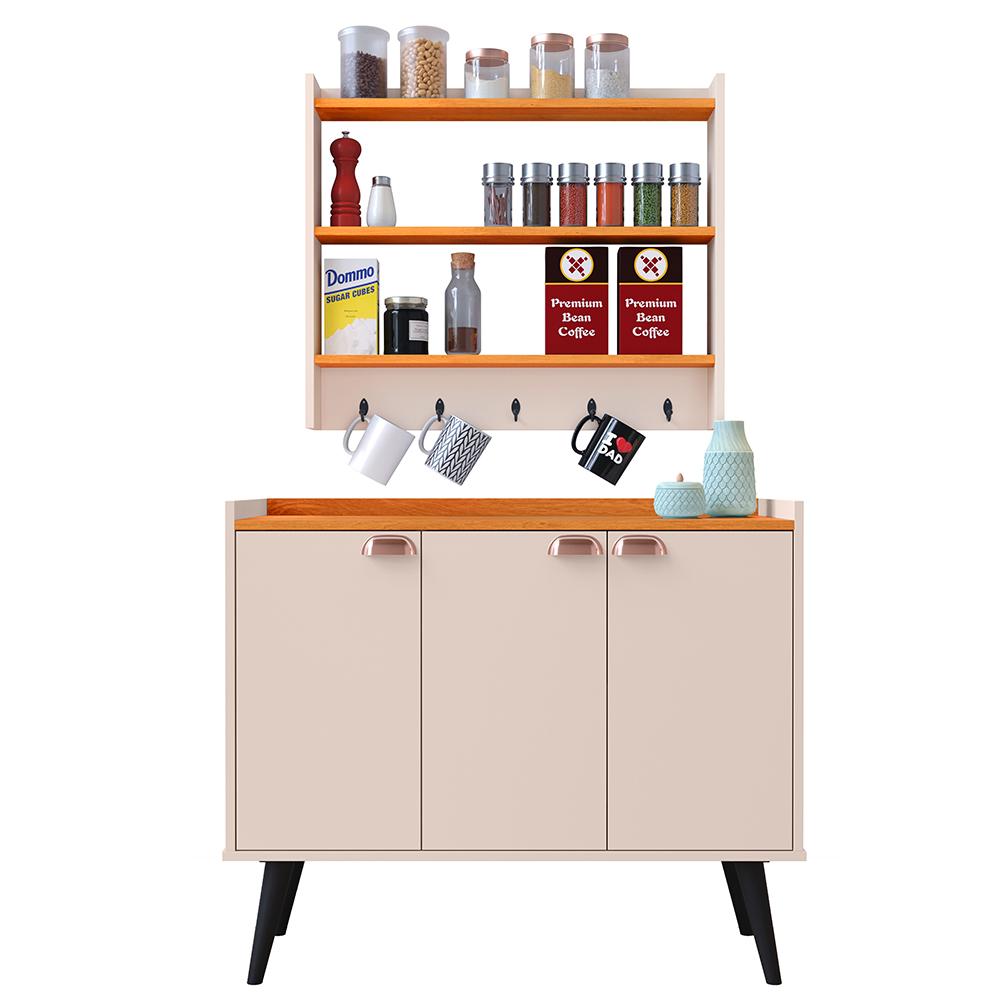 Kit Aparador Buffet Organizador Prateleira Interna Truzzi Armário Parede Porta Condimentos Cozinha Amélia - Off White/Cinamomo - RPM Móveis