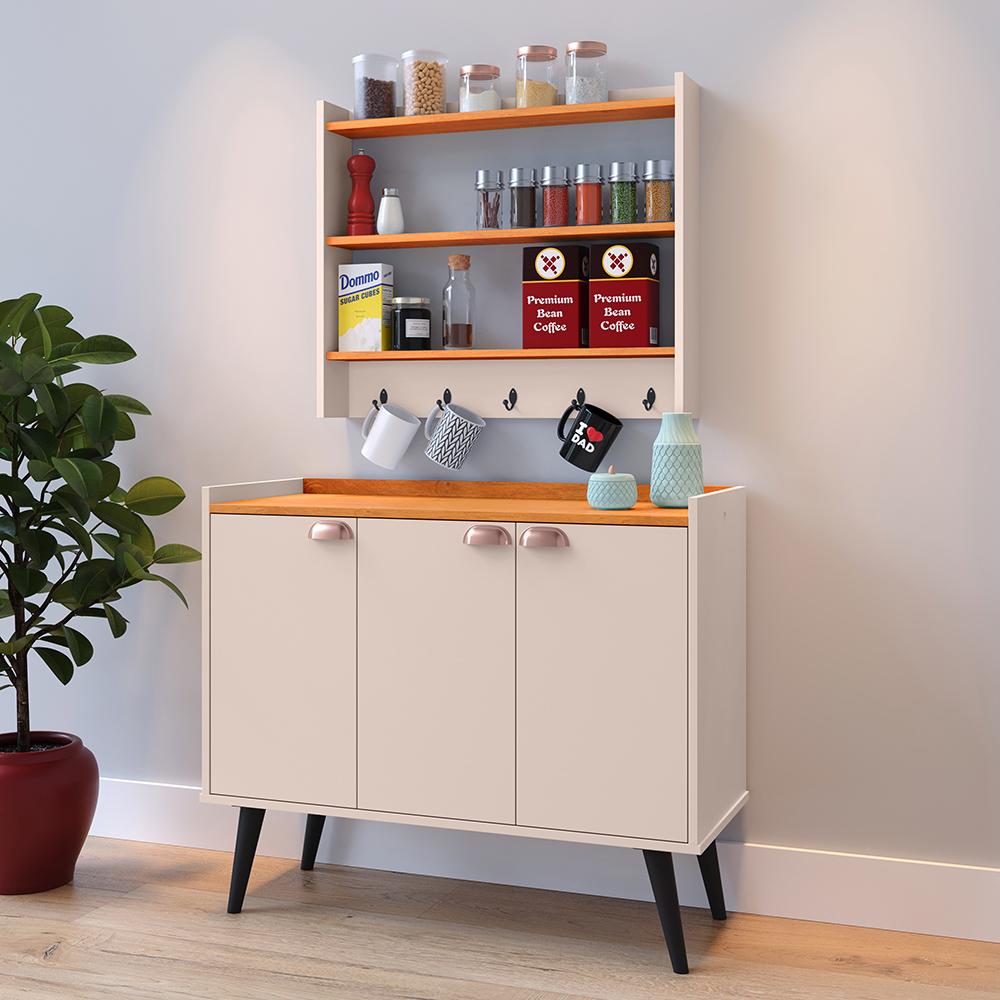 Kit Aparador Buffet Organizador Prateleira Interna Truzzi Armário Parede Porta Condimentos Cozinha Amélia - Off White/Cinamomo - RPM Móveis