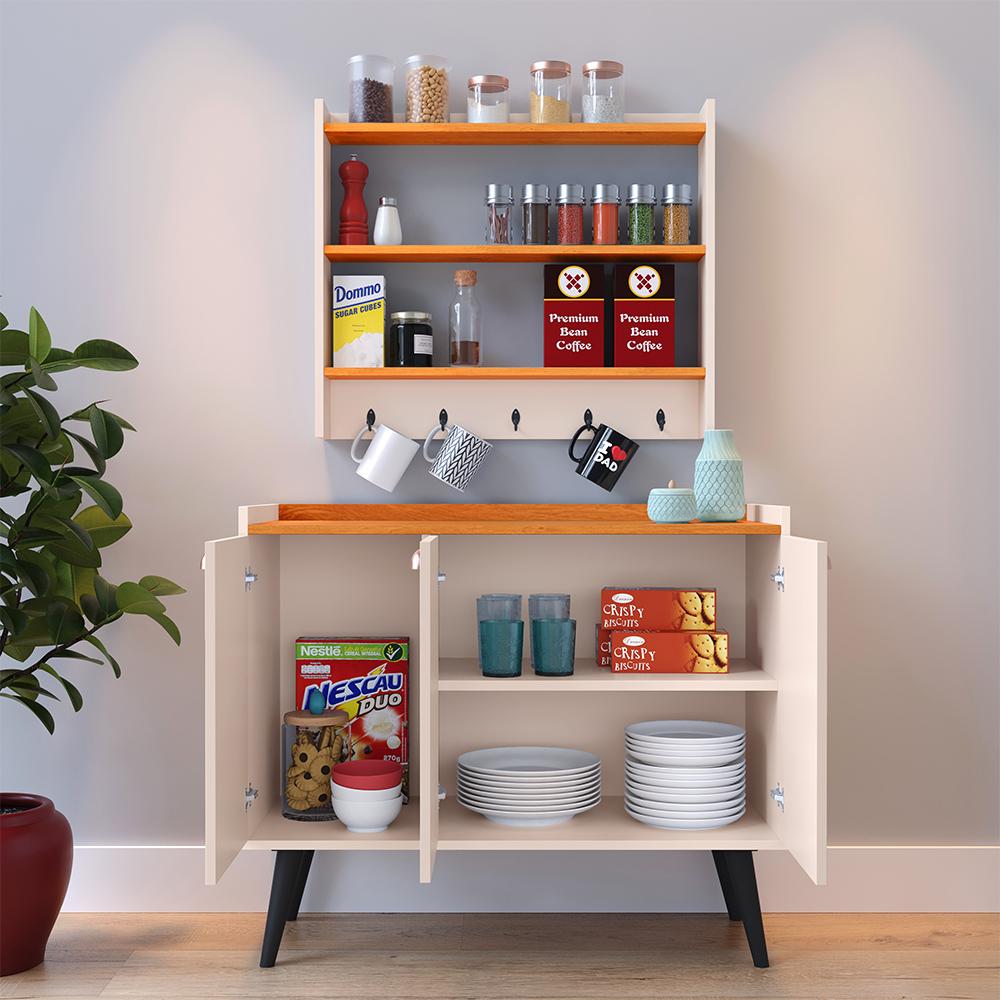 Kit Aparador Buffet Organizador Prateleira Interna Truzzi Armário Parede Porta Condimentos Cozinha Amélia - Off White/Cinamomo - RPM Móveis