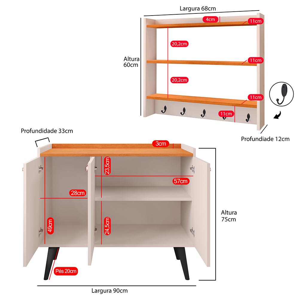 Kit Aparador Buffet Organizador Prateleira Interna Truzzi Armário Parede Porta Condimentos Cozinha Amélia - Off White/Cinamomo - RPM Móveis