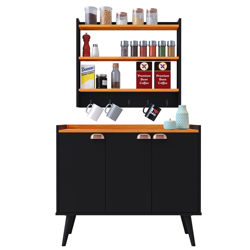 Kit Aparador Buffet Organizador Prateleira Interna Truzzi Armário Parede Porta Condimentos Cozinha Amélia - Preto/Cinamomo - RPM Móveis
