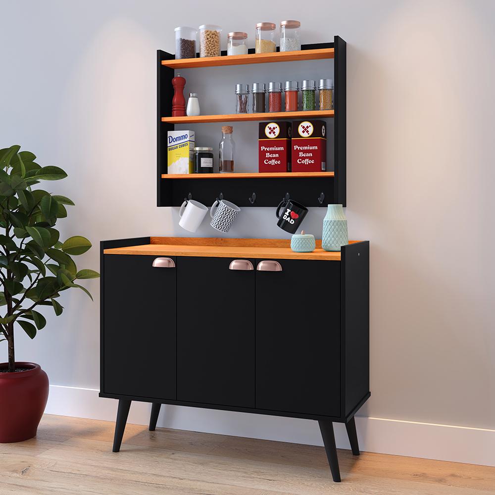 Kit Aparador Buffet Organizador Prateleira Interna Truzzi Armário Parede Porta Condimentos Cozinha Amélia - Preto/Cinamomo - RPM Móveis