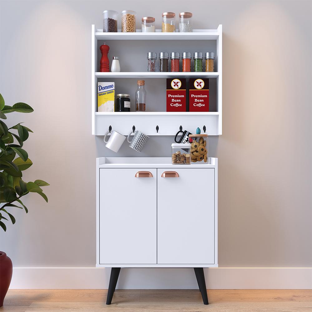 Kit Aparador Buffet Retrô 2 Portas Armário Suspenso Prateleiras Ganchos Organizadores Cozinha Pequena - Branco - RPM Móveis