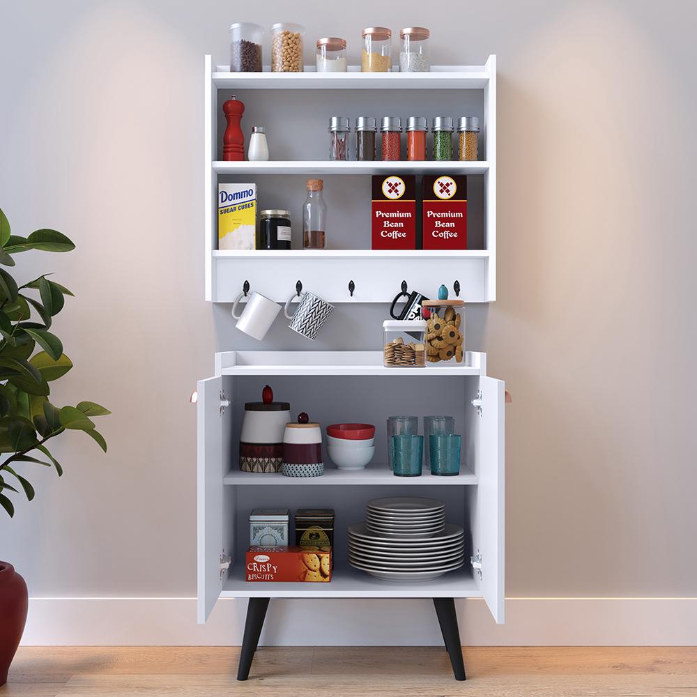 Kit Aparador Buffet Retrô 2 Portas Armário Suspenso Prateleiras Ganchos Organizadores Cozinha Pequena - Branco - RPM Móveis