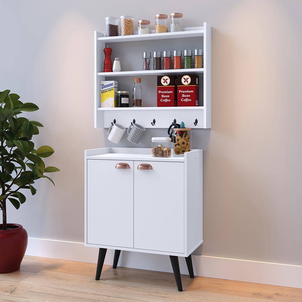 Kit Aparador Buffet Retrô 2 Portas Armário Suspenso Prateleiras Ganchos Organizadores Cozinha Pequena - Branco - RPM Móveis
