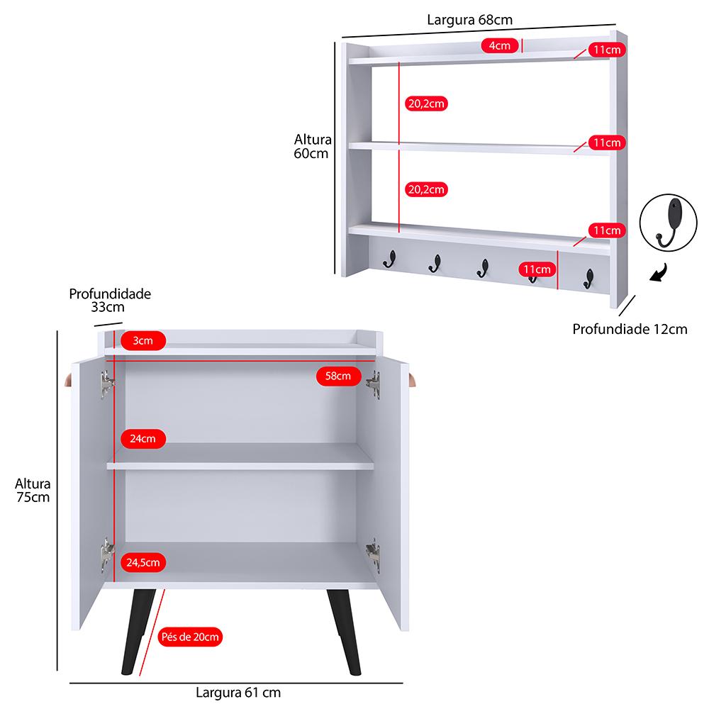 Kit Aparador Buffet Retrô 2 Portas Armário Suspenso Prateleiras Ganchos Organizadores Cozinha Pequena - Branco - RPM Móveis