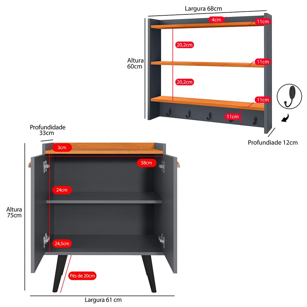 Kit Aparador Buffet Retrô 2 Portas Armário Suspenso Prateleiras Ganchos Organizadores Cozinha Pequena - Cinza/Cinamomo - RPM Móveis