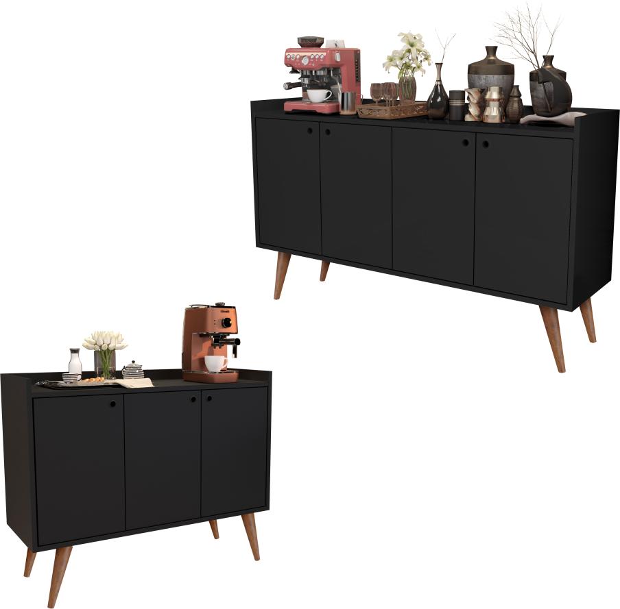 Kit Aparador Buffet Retrô 4 Portas Dallas e Aparador Buffet Retrô 3 Portas Wood - Preto