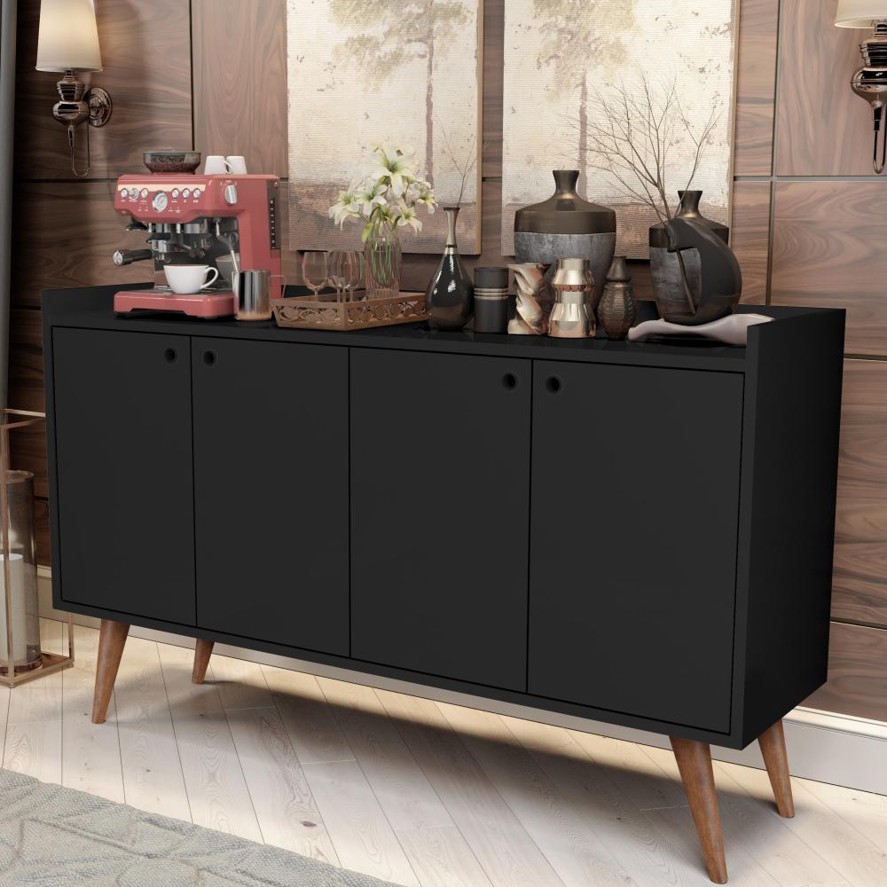 Kit Aparador Buffet Retrô 4 Portas Dallas e Aparador Buffet Retrô 3 Portas Wood - Preto