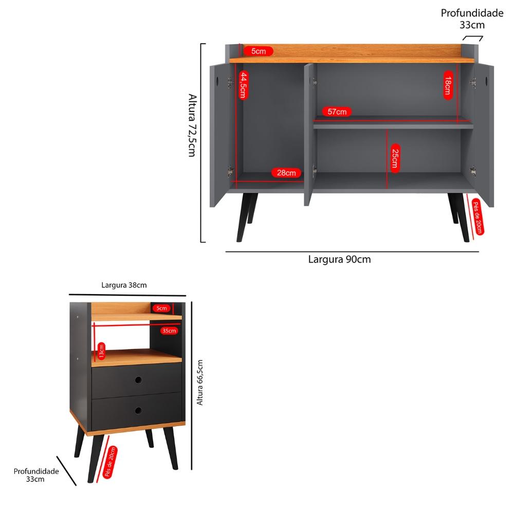 Kit Aparador Buffet Wood New Cinza 3 Portas e Mesa de Cabeceira Dream 2 Gavetas Pés Retrô Palito Preto-Cinamomo - RPM Móveis