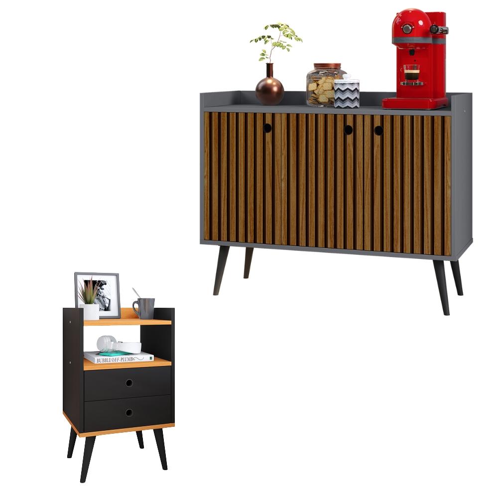 Kit Aparador Buffet Wood New Cinza Ripado 3 Portas e Mesa de Cabeceira Dream 2 Gavetas Pés Retrô Palito Preto-Cinamomo - RPM Móveis