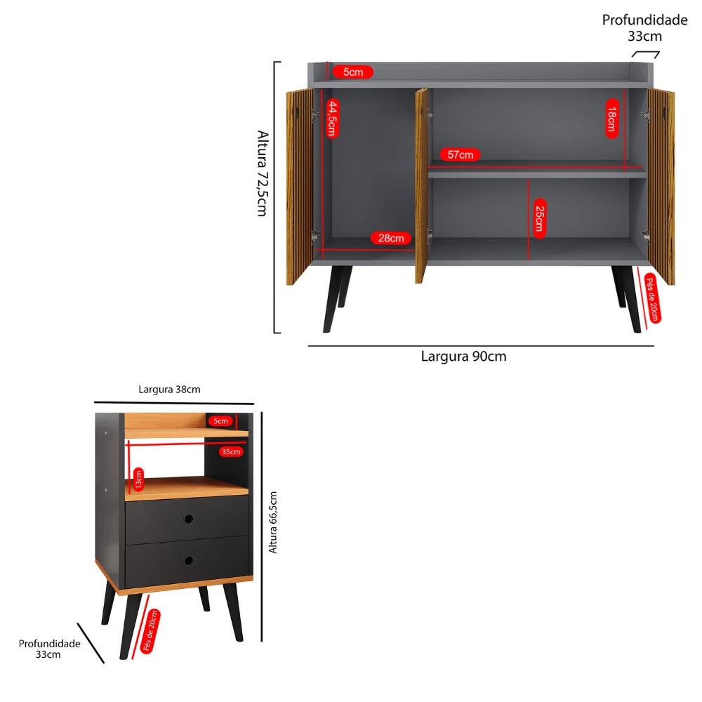 Kit Aparador Buffet Wood New Cinza Ripado 3 Portas e Mesa de Cabeceira Dream 2 Gavetas Pés Retrô Palito Preto-Cinamomo - RPM Móveis