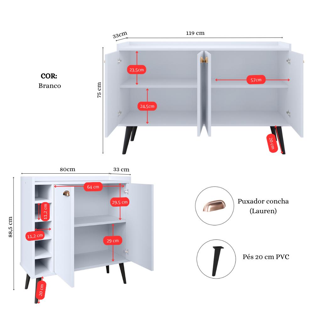 Kit Buffet Kiev Balcão 4 Portas Multiuso Retrô Cozinha e Aparador Madero Adega Cantinho Café Barzinho Sala - Branco - RPM