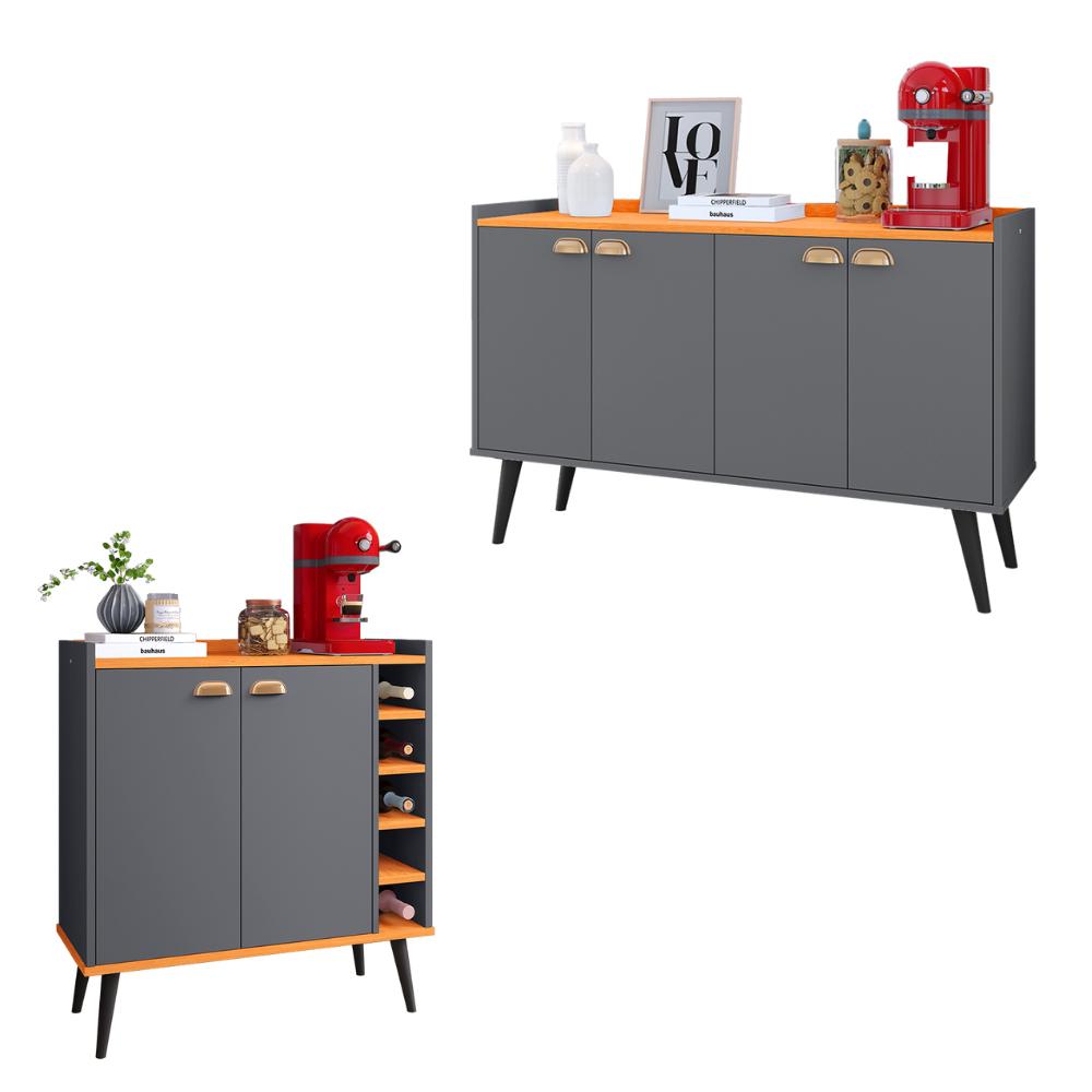 Kit Buffet Kiev Balcão 4 Portas Multiuso Retrô Cozinha e Aparador Madero Adega Cantinho Café Barzinho Sala - Cinza/Cinamomo - RPM