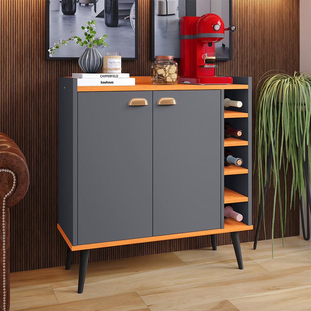 Kit Buffet Kiev Balcão 4 Portas Multiuso Retrô Cozinha e Aparador Madero Adega Cantinho Café Barzinho Sala - Cinza/Cinamomo - RPM