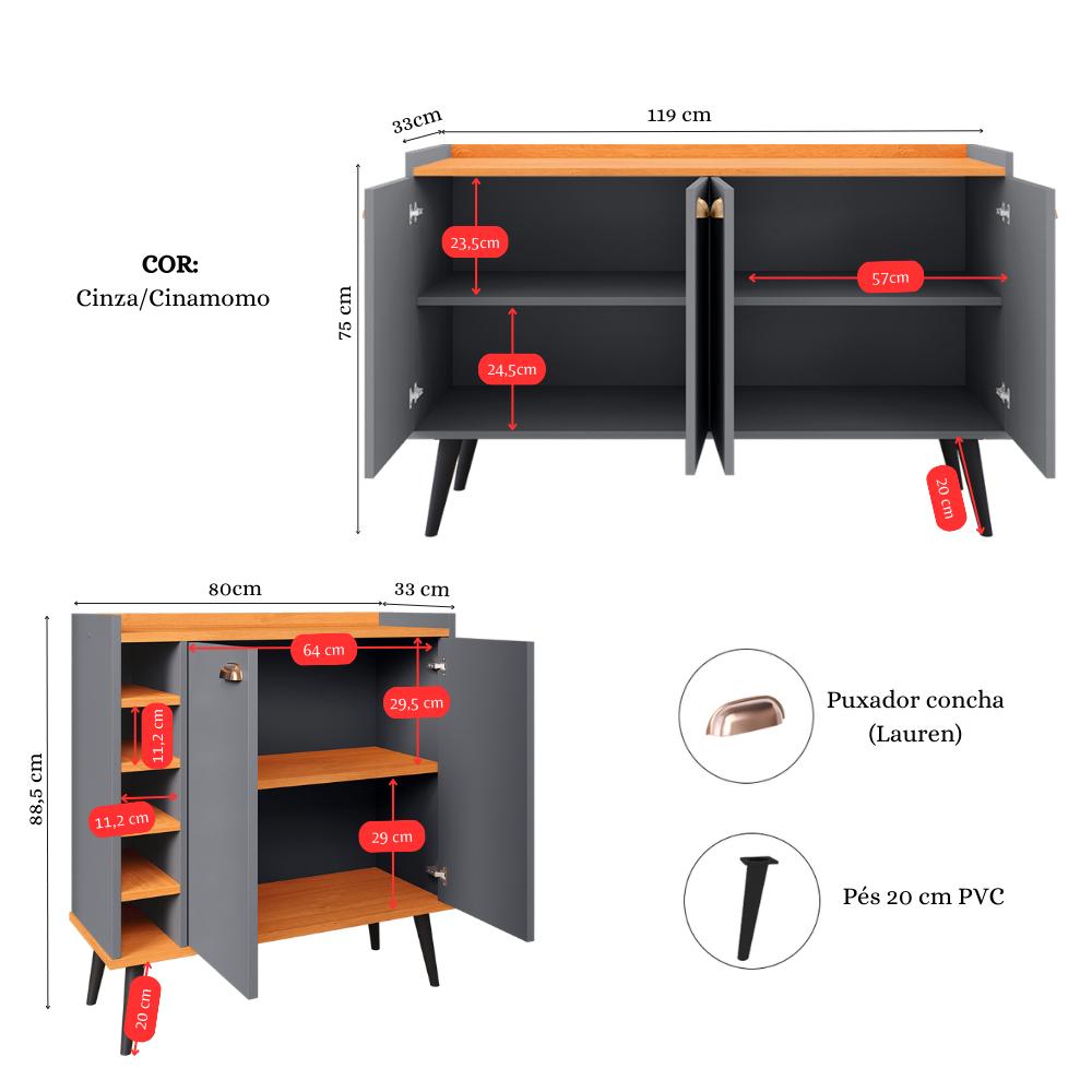 Kit Buffet Kiev Balcão 4 Portas Multiuso Retrô Cozinha e Aparador Madero Adega Cantinho Café Barzinho Sala - Cinza/Cinamomo - RPM