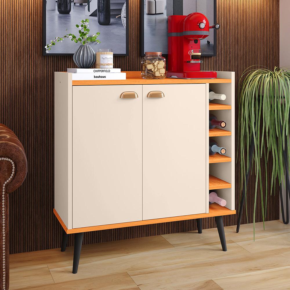 Kit Buffet Kiev Balcão 4 Portas Multiuso Retrô Cozinha e Aparador Madero Adega Cantinho Café Barzinho Sala - Off White/Cinamomo - RPM