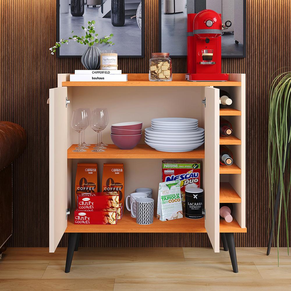 Kit Buffet Kiev Balcão 4 Portas Multiuso Retrô Cozinha e Aparador Madero Adega Cantinho Café Barzinho Sala - Off White/Cinamomo - RPM