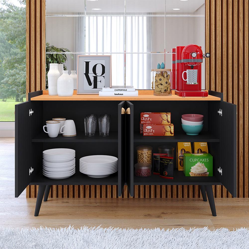 Kit Buffet Kiev Balcão 4 Portas Multiuso Retrô Cozinha e Aparador Madero Adega Cantinho Café Barzinho Sala - Preto/Cinamomo - Lojas RPM