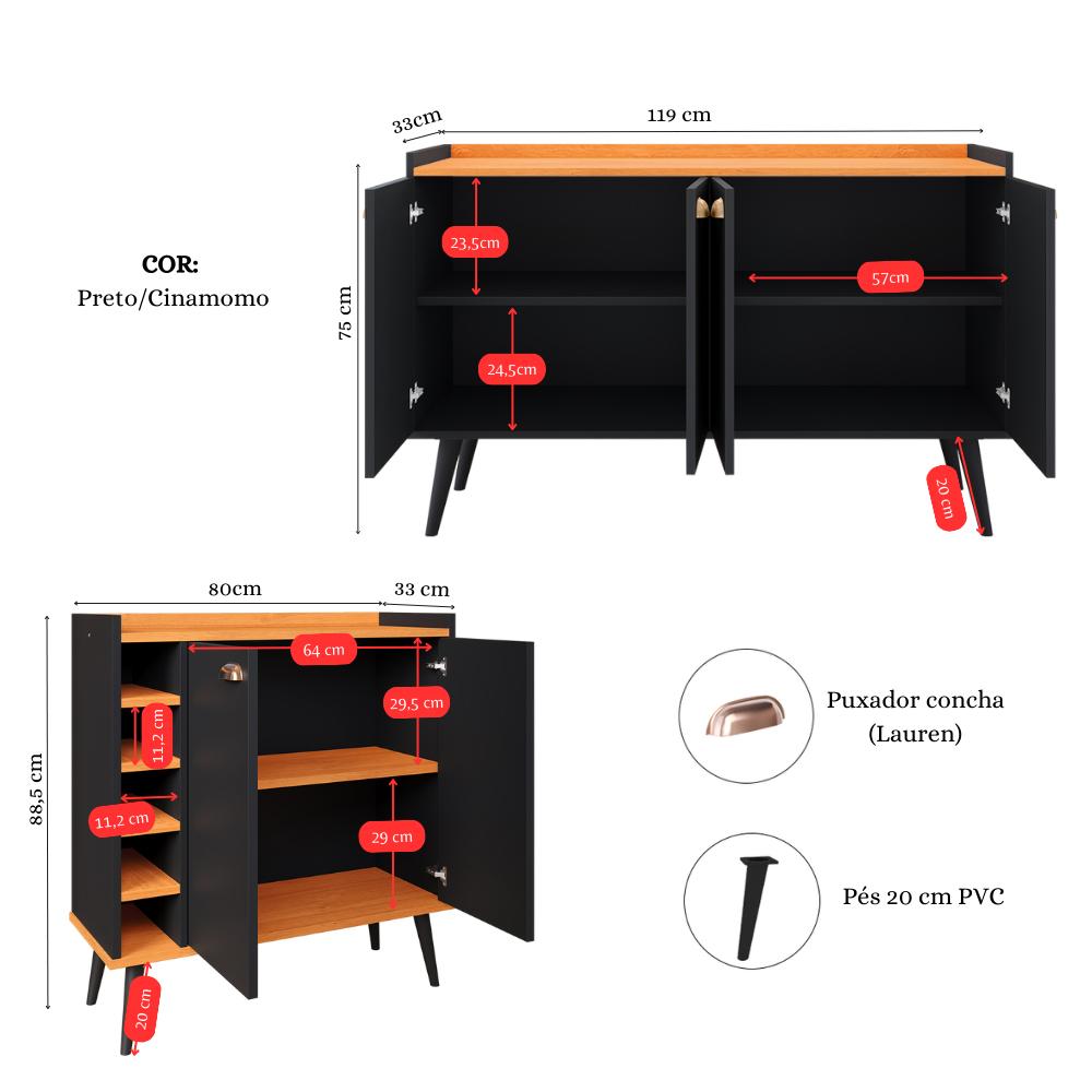 Kit Buffet Kiev Balcão 4 Portas Multiuso Retrô Cozinha e Aparador Madero Adega Cantinho Café Barzinho Sala - Preto/Cinamomo - Lojas RPM
