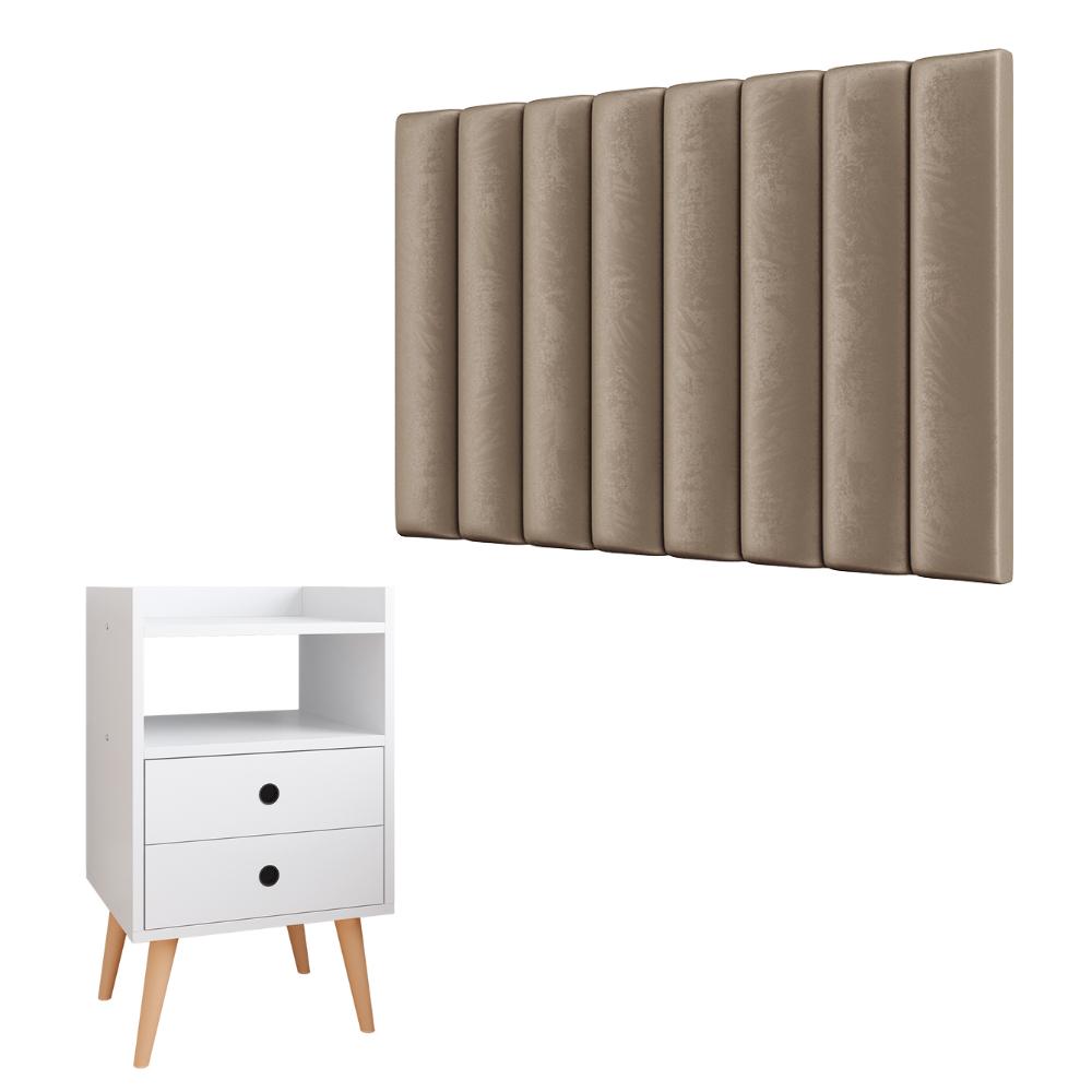 Kit Cabeceira Estofada Cama Box Solteiro 90 cm Sophia Bege e Mesinha Canto Quarto 2 Gavetas Retrô Nicho Decorativo Dream Branco- RPM