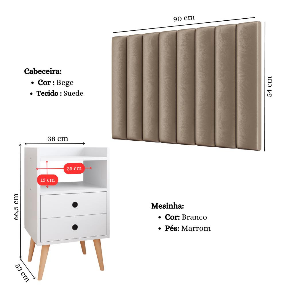 Kit Cabeceira Estofada Cama Box Solteiro 90 cm Sophia Bege e Mesinha Canto Quarto 2 Gavetas Retrô Nicho Decorativo Dream Branco- RPM