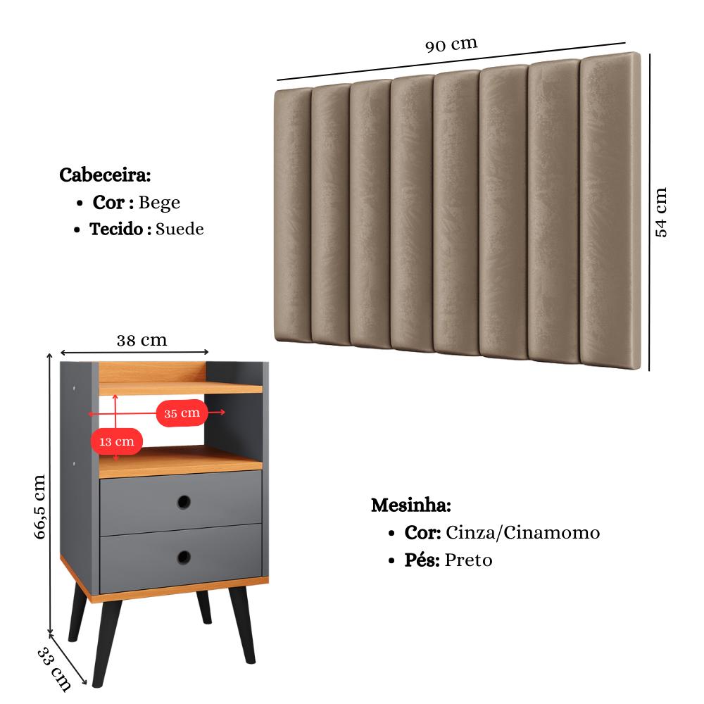 Kit Cabeceira Estofada Cama Box Solteiro 90 cm Sophia Bege e Mesinha Canto Quarto 2 Gavetas Retrô Nicho Decorativo Dream Cinza/Cinamomo- RPM