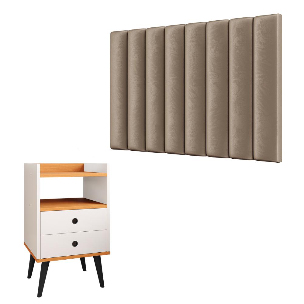 Kit Cabeceira Estofada Cama Box Solteiro 90 cm Sophia Bege e Mesinha Canto Quarto 2 Gavetas Retrô Nicho Decorativo Dream Off White/Cinamomo- RPM