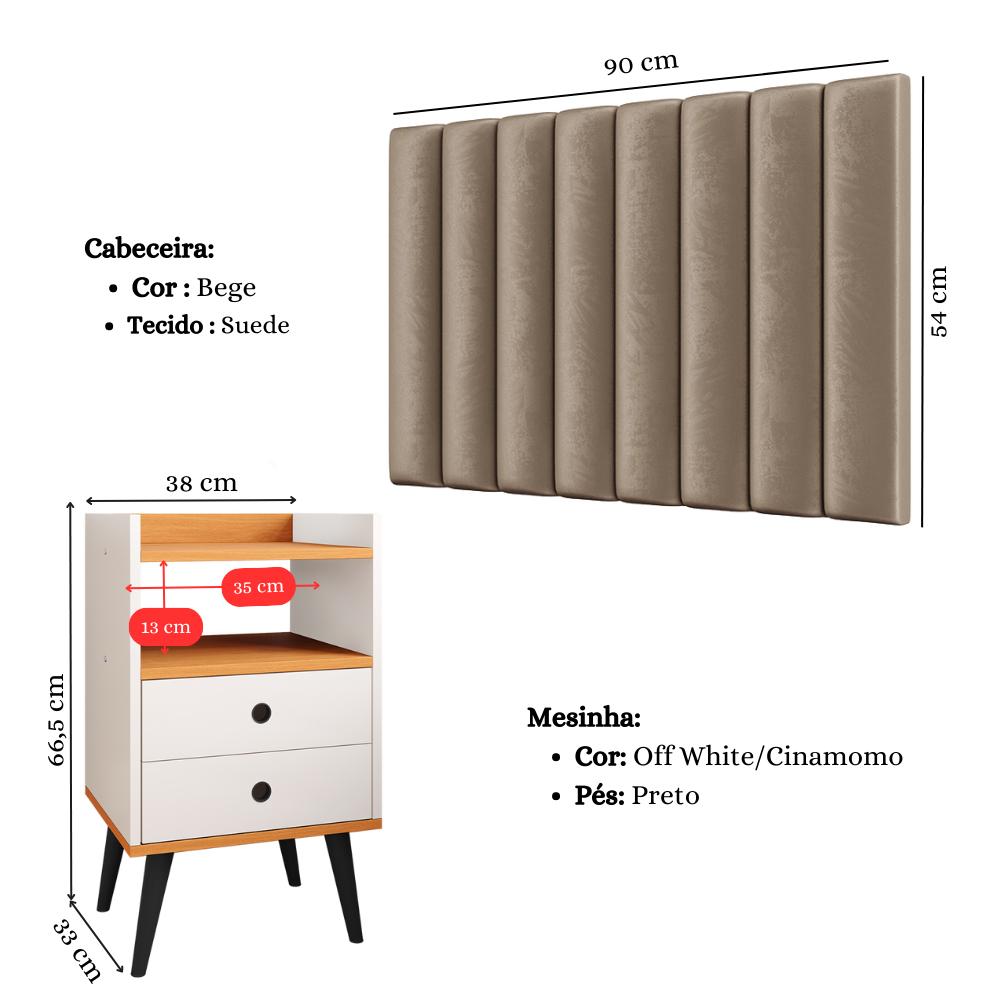 Kit Cabeceira Estofada Cama Box Solteiro 90 cm Sophia Bege e Mesinha Canto Quarto 2 Gavetas Retrô Nicho Decorativo Dream Off White/Cinamomo- RPM