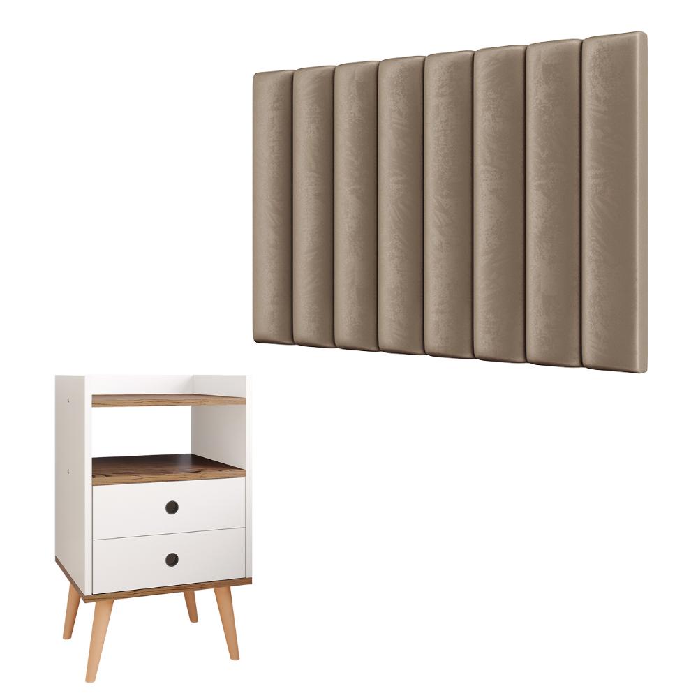 Kit Cabeceira Estofada Cama Box Solteiro 90 cm Sophia Bege e Mesinha Canto Quarto 2 Gavetas Retrô Nicho Decorativo Dream Off White/Freijó- RPM