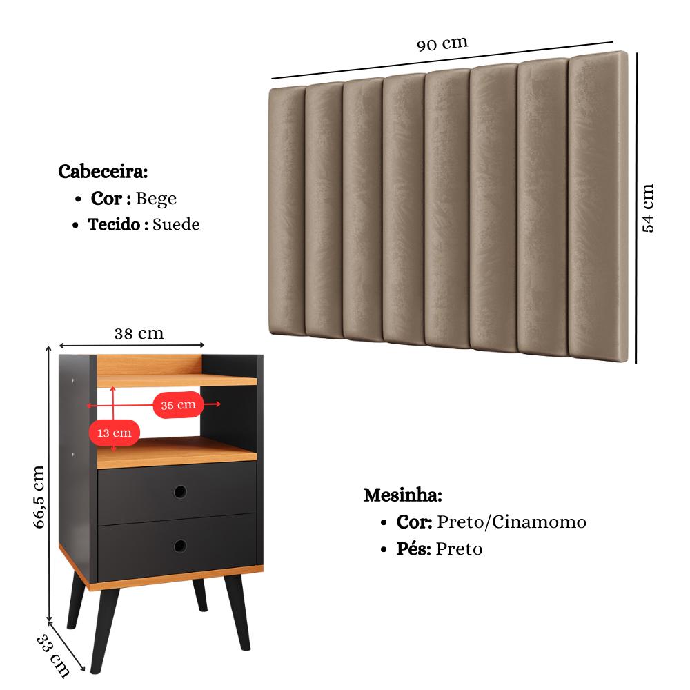 Kit Cabeceira Estofada Cama Box Solteiro 90 cm Sophia Bege e Mesinha Canto Quarto 2 Gavetas Retrô Nicho Decorativo Dream Preto/Cinamomo- RPM