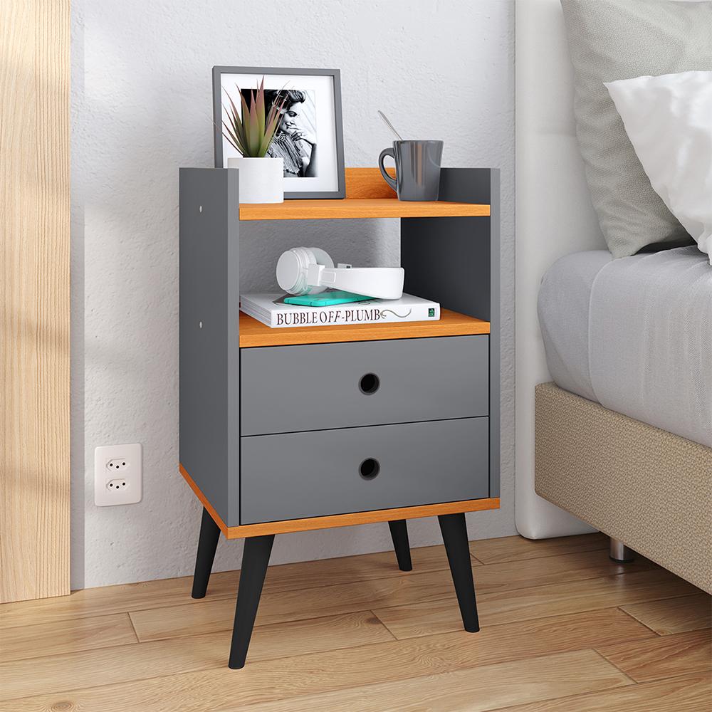Kit Cabeceira Estofada Cama Box Solteiro 90 cm Sophia Branco e Mesinha Canto Quarto 2 Gavetas Retrô Nicho Decorativo Dream Cinza/Cinamomo- RPM