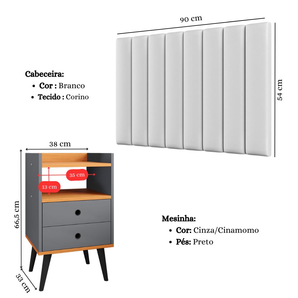 Kit Cabeceira Estofada Cama Box Solteiro 90 cm Sophia Branco e Mesinha Canto Quarto 2 Gavetas Retrô Nicho Decorativo Dream Cinza/Cinamomo- RPM