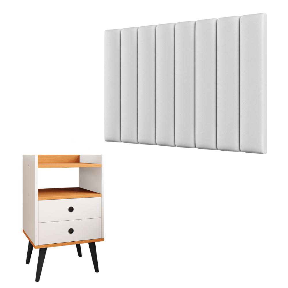 Kit Cabeceira Estofada Cama Box Solteiro 90 cm Sophia Branco e Mesinha Canto Quarto 2 Gavetas Retrô Nicho Decorativo Dream Off White/Cinamomo- RPM 