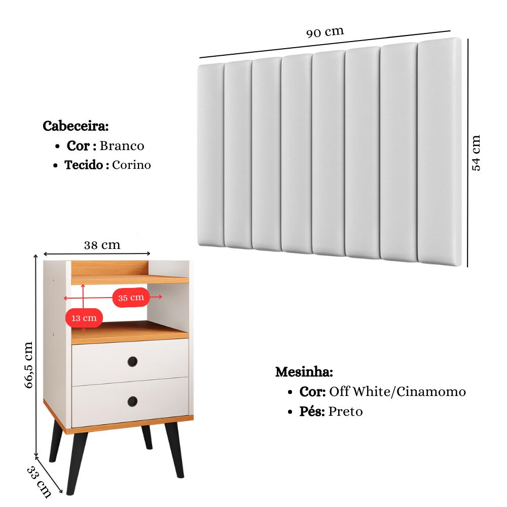 Kit Cabeceira Estofada Cama Box Solteiro 90 cm Sophia Branco e Mesinha Canto Quarto 2 Gavetas Retrô Nicho Decorativo Dream Off White/Cinamomo- RPM 