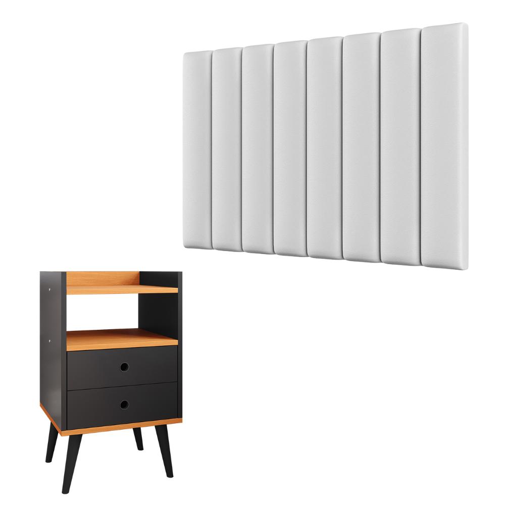 Kit Cabeceira Estofada Cama Box Solteiro 90 cm Sophia Branco e Mesinha Canto Quarto 2 Gavetas Retrô Nicho Decorativo Dream Preto/Cinamomo- RPM 
