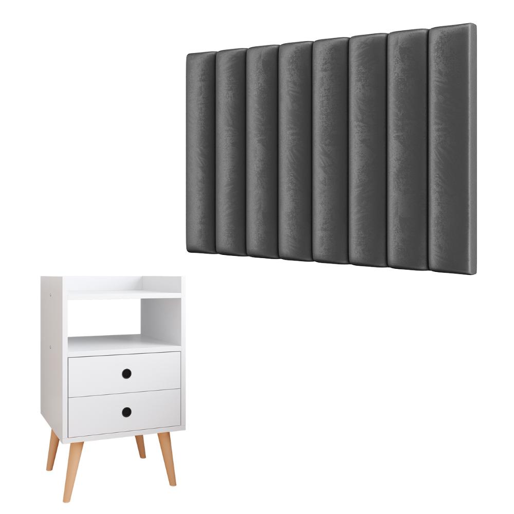 Kit Cabeceira Estofada Cama Box Solteiro 90 cm Sophia Cinza e Mesinha Canto Quarto 2 Gavetas Retrô Nicho Decorativo Dream Branco- RPM