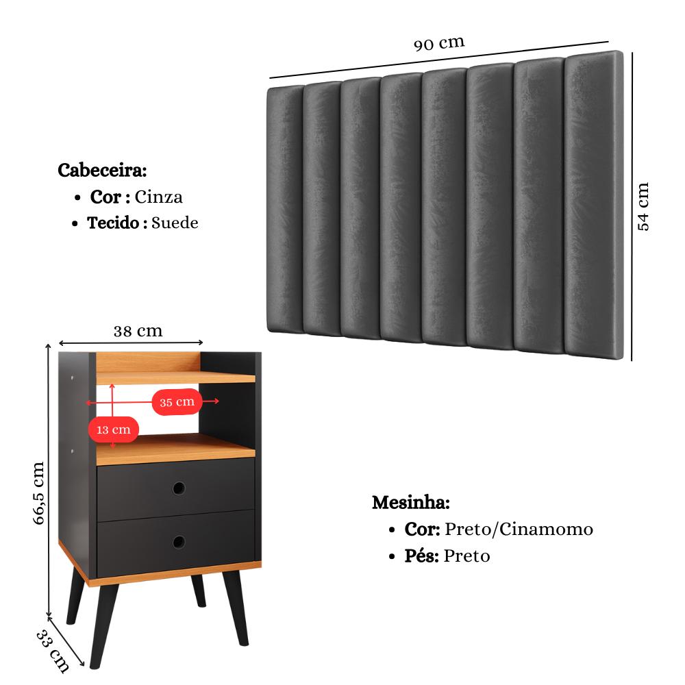 Kit Cabeceira Estofada Cama Box Solteiro 90 cm Sophia Cinza e Mesinha Canto Quarto 2 Gavetas Retrô Nicho Decorativo Dream Preto/Cinamomo- RPM